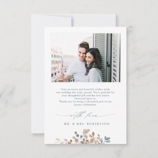 Zacht gedempte aardetinten bloemenbruiloft Waterve Bedankkaart (Achterkant)