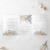 Zacht gedempte aardetinten bloemenbruiloft Waterve Drieluik Aankondiging (Binnen)