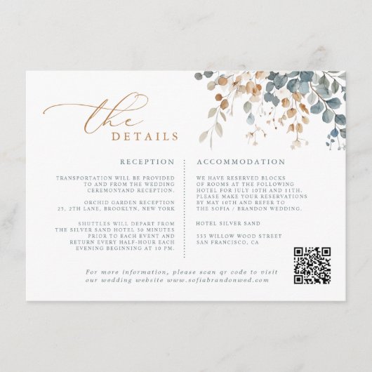 Zacht gedempte aardetinten bloemenbruiloft Waterve Informatiekaartje (Voorkant)
