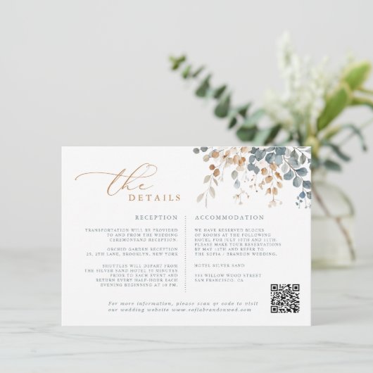 Zacht gedempte aardetinten bloemenbruiloft Waterve Informatiekaartje (Staand voorkant)