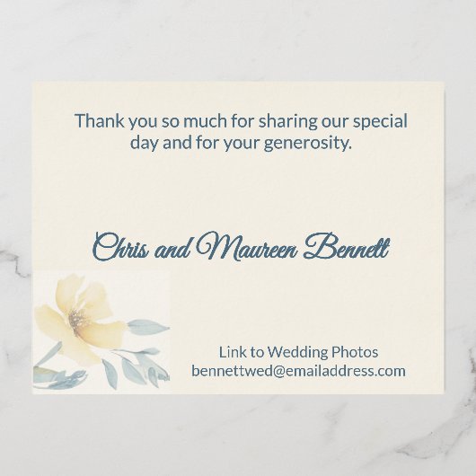 Zacht geel Bloemen Folie bruiloft dank u kaart (Achterkant)