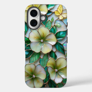Zacht geel en groen Bloemen Glas in lood Design iPhone 16 Hoesje