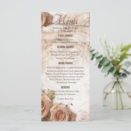 Zacht gekleurde Rozen bruiloft Menu (Staand voorkant)