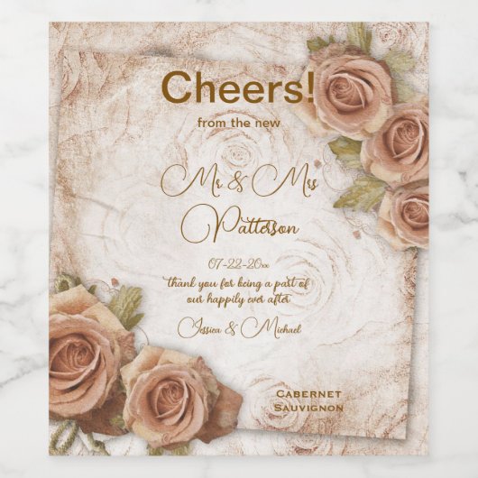 Zacht gekleurde Rozen bruiloft Wijn Etiket (Enkel label)