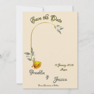 Zacht Gele Roos met Bord Groen & Goud Ovaal Foto Save The Date