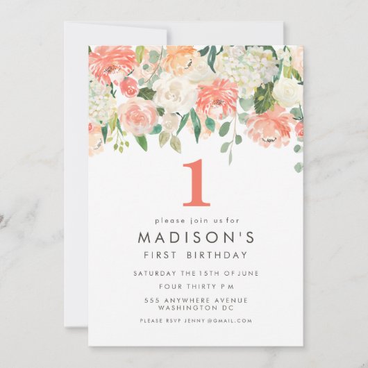 Zacht geschilderd Bloemen Meisjes 1e Verjaardag In Kaart (Voorkant)