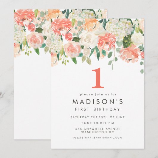 Zacht geschilderd Bloemen Meisjes 1e Verjaardag In Kaart (Voorkant / Achterkant)