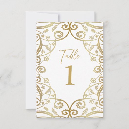 Zacht Goud Glitter Bloemen Kant Bruiloft Tafel Num Kaart (Voorkant)