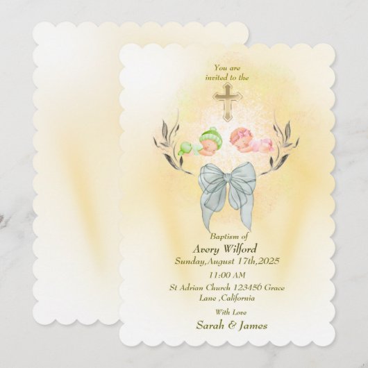 Zacht gouden kruis doop uitnodiging (Voorkant / Achterkant)