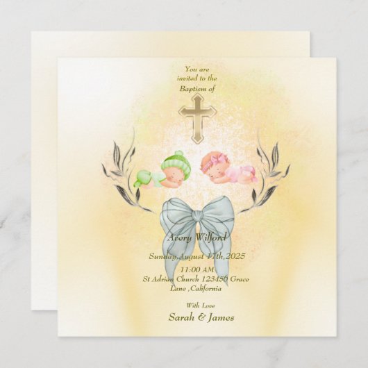 Zacht gouden kruis Doop vlakke uitnodiging (Voorkant / Achterkant)