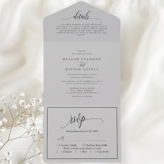 Zacht Grijs Eenvoudig Modern Script All In One Uitnodiging