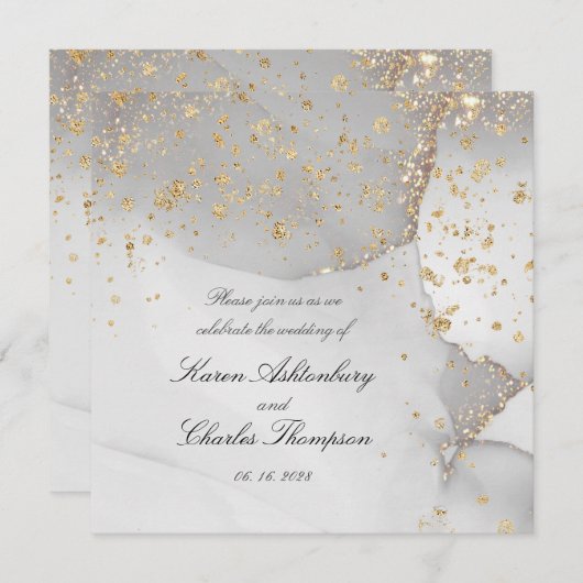 Zacht grijs en glinsterend goud moderne bruiloft kaart (Voorkant / Achterkant)