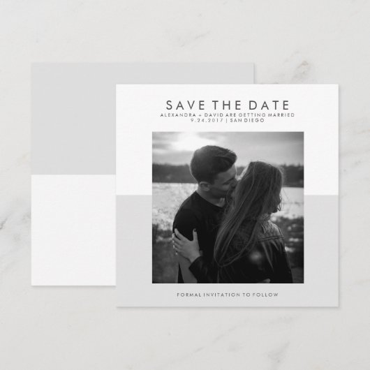 Zacht grijs en wit Minimal Save the Date | Foto (Voorkant / Achterkant)