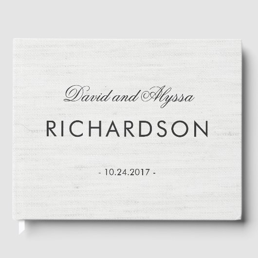 Zacht grijs linnen look met elegante zwarte tekst gastenboek (Voorkant)