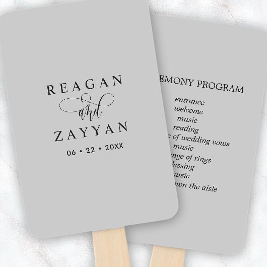 Zacht grijs minimalistisch huwelijksprogramma handwaaier