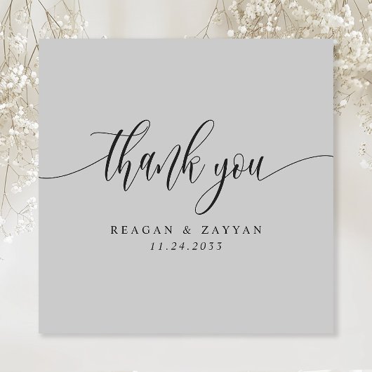 Zacht grijs minimalistisch script bruiloft bedankkaart