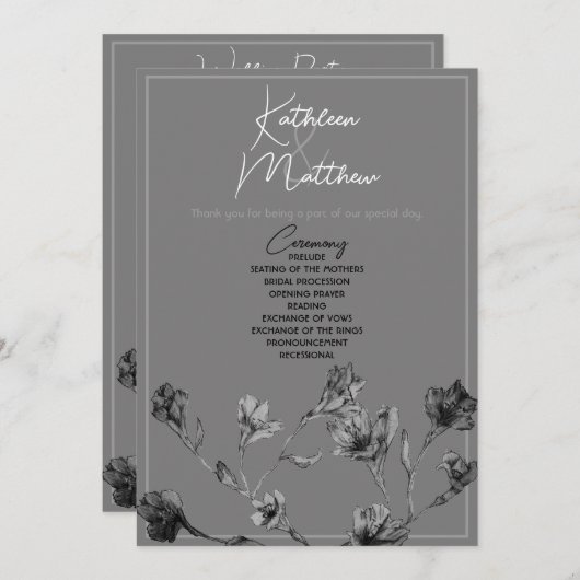 Zacht grijze Floral Waterverf Wedding Programme Programmakaart (Voorkant / Achterkant)