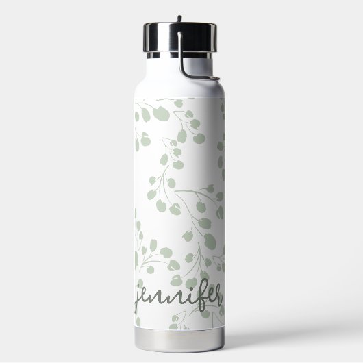 Zacht Groen Blad Bloemen Modern Naam toevoegen Waterfles (Links)
