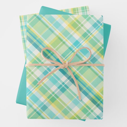 Zacht Groen, Blauwgroen, Blauw, Geel & Wit Plaid Inpakpapier Vel (In situ)