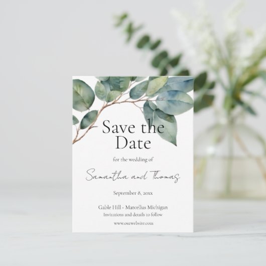 Zacht groen blauwgroen gebladerte eucalyptus groen save the date (Staand voorkant)