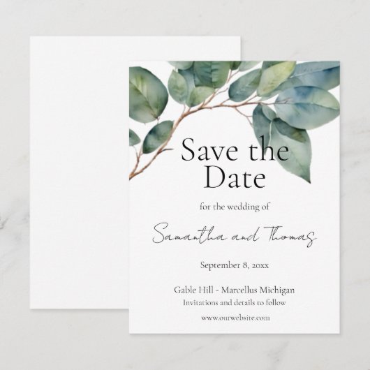 Zacht groen blauwgroen gebladerte eucalyptus groen save the date (Voorkant / Achterkant)
