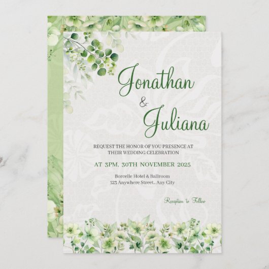 Zacht groen Bloemen Huwelijksuitnodiging Kaart (Voorkant / Achterkant)