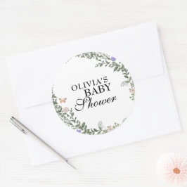 Zacht Groen Boho Genderneutraal Bloemen Baby showe Ronde Sticker