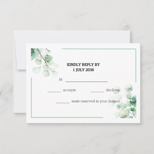 Zacht Groen Elegante Eucalyptus Twigs Wedding RSVP (Voorkant)