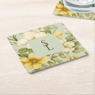 Zacht groen en beige bloemen bruiloft kartonnen onderzetters