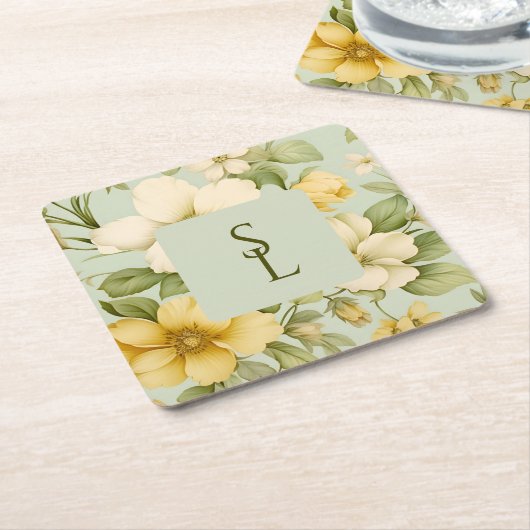 Zacht groen en beige bloemen bruiloft kartonnen onderzetters (Schuin)