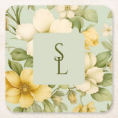Zacht groen en beige bloemen bruiloft kartonnen onderzetters (Voorkant)