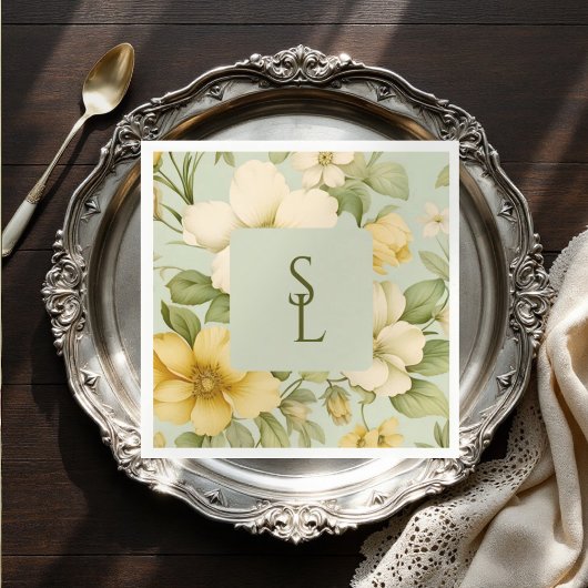 Zacht groen en beige bloemen bruiloft servet