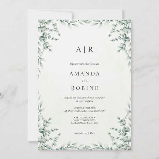 Zacht groen Eucalyptus bruiloft uitnodiging (Voorkant)