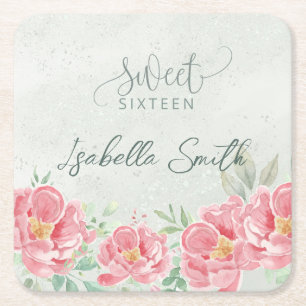 Zacht Groen & Roze Bloemen Sweet Sixteen Kartonnen Onderzetters