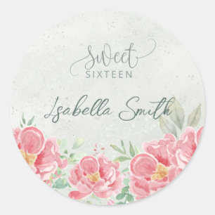Zacht Groen & Roze Bloemen Sweet Sixteen Party Ronde Sticker