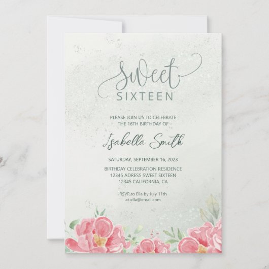 Zacht Groen & Roze Glitter Bloemen Zoet 16 Verjaar Kaart (Voorkant)