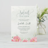 Zacht Groen & Roze Glitter Bloemen Zoet 16 Verjaar Kaart (Staand voorkant)