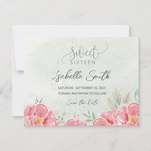 Zacht Groen & Roze Glitter Bloemen Zoet 16 Verjaar Save The Date (Voorkant)