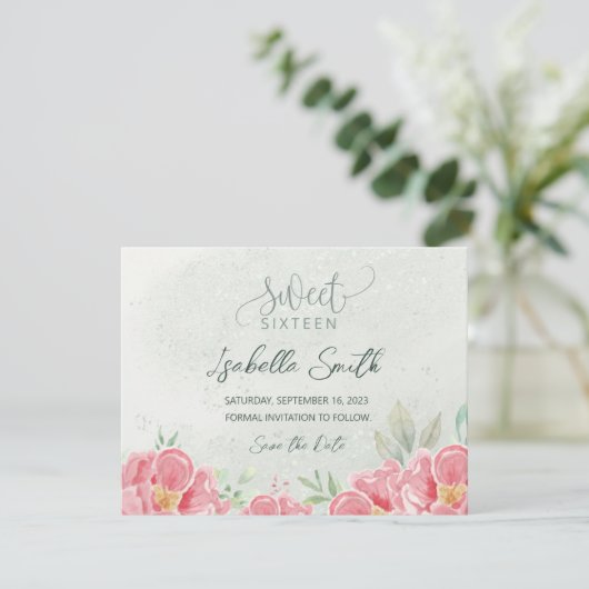 Zacht Groen & Roze Glitter Bloemen Zoet 16 Verjaar Save The Date (Staand voorkant)