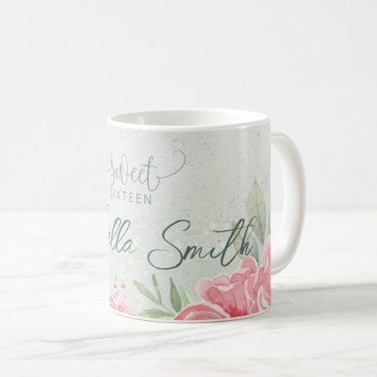 Zacht Groen & Roze Glitter Floral Sweet Sixteen Bi Koffiemok (Voorkant rechts)