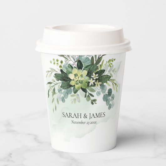 Zacht Groen Succulent Bruiloft Bloemen Botanisch Papieren Bekers (Achterkant)