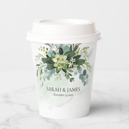 Zacht Groen Succulent Bruiloft Bloemen Botanisch Papieren Bekers (Voorkant)