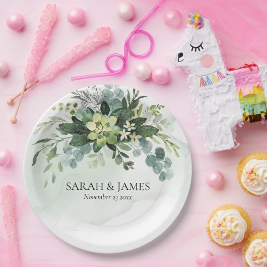 Zacht Groen Succulent Bruiloft Bloemen Botanisch Papieren Bordje (Feest)