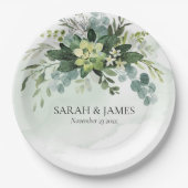 Zacht Groen Succulent Bruiloft Bloemen Botanisch Papieren Bordje (Voorkant)