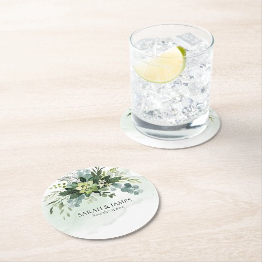 Zacht Groen Succulent Bruiloft Bloemen Botanisch Ronde Kartonnen Onderzetter (Insitu)