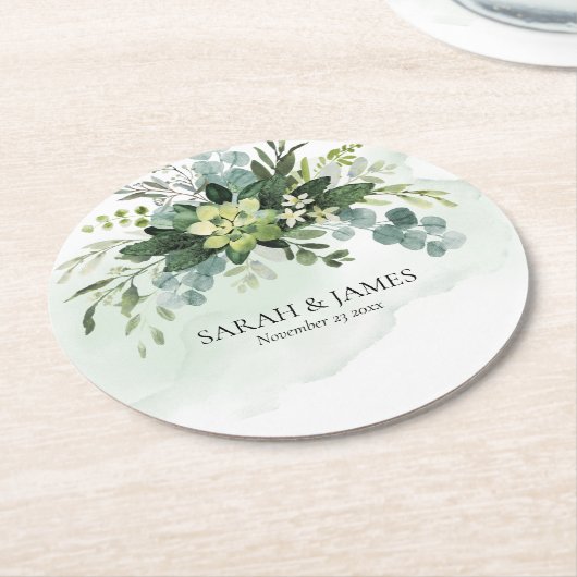 Zacht Groen Succulent Bruiloft Bloemen Botanisch Ronde Kartonnen Onderzetter (Gebogen)