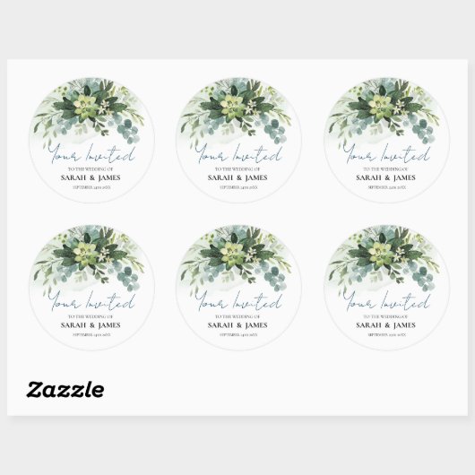Zacht Groen Succulent Bruiloft Bloemen Botanisch Ronde Sticker (Vel)
