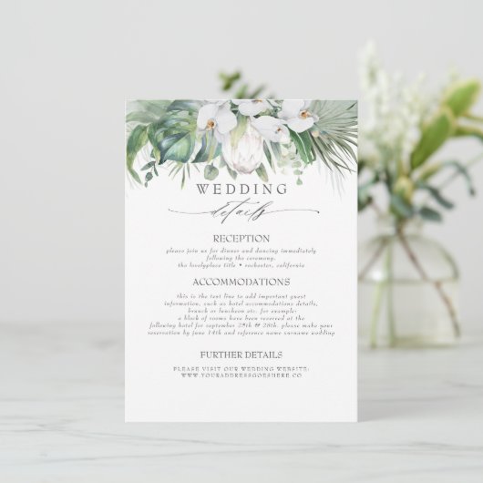 Zacht groen tropische bloemen bruiloft informatie informatiekaartje (Staand voorkant)