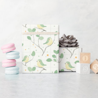 Zacht Groen Vogel en Bladtak Patroon Ontwerp Cadeaupapier