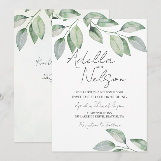 Zacht groene bladeren bruiloft kaart (Voorkant / Achterkant)